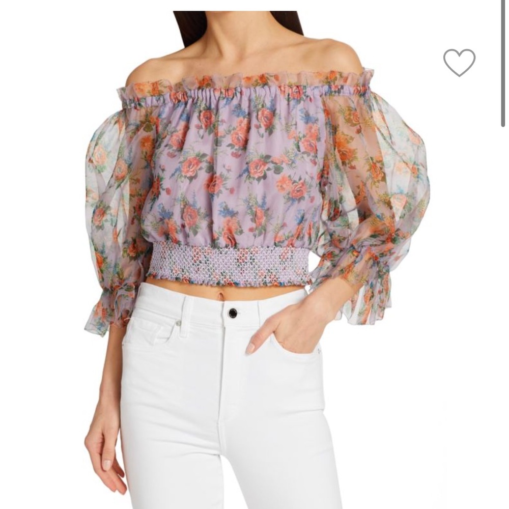 Alice & Olivia Caprina Silk Puff Sleeve Crop Top